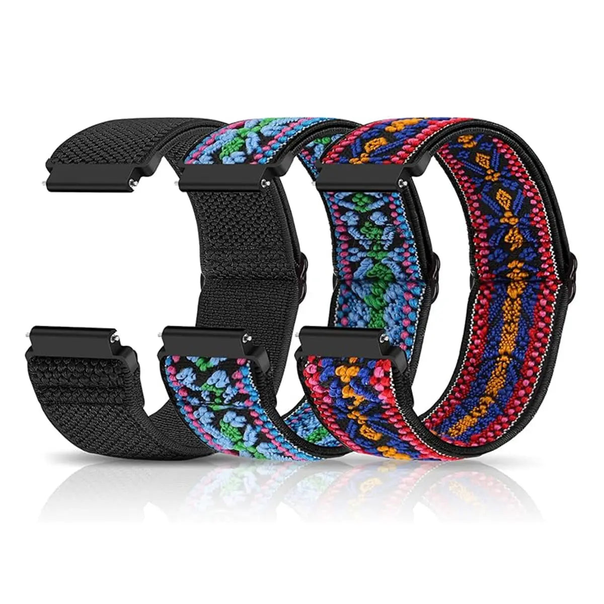 Three colorful adjustable elastic sports bands for Garmin watches displayed on a white surface.