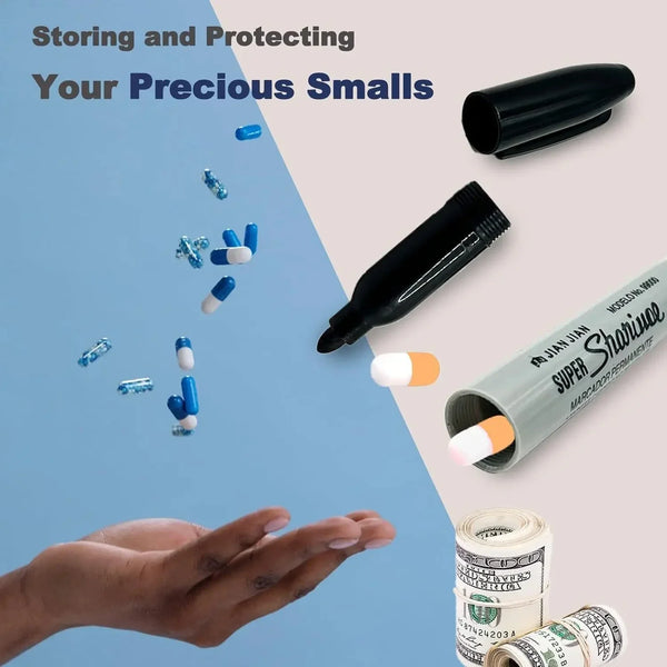 A hand holds a marker pen and various small items, demonstrating the storage and protecting of precious small valuables.