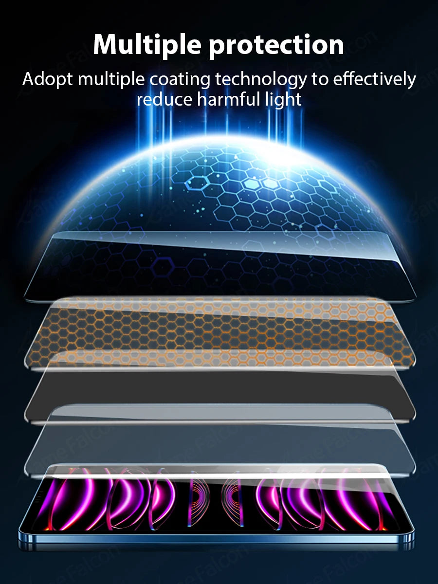 Multiple layers of tempered glass screen protectors demonstrating various coating technologies for light reduction.