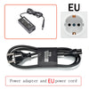 Black power adapter and EU power cord with a plug and cable shown next to an electrical outlet.