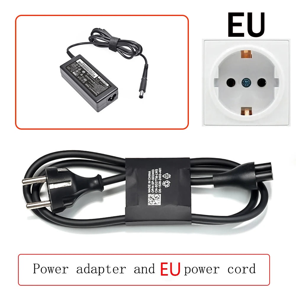 Black power adapter and EU power cord with a plug and cable shown next to an electrical outlet.