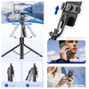 A black multifunctional selfie stick tripod with a Bluetooth remote and various accessories shown in use.