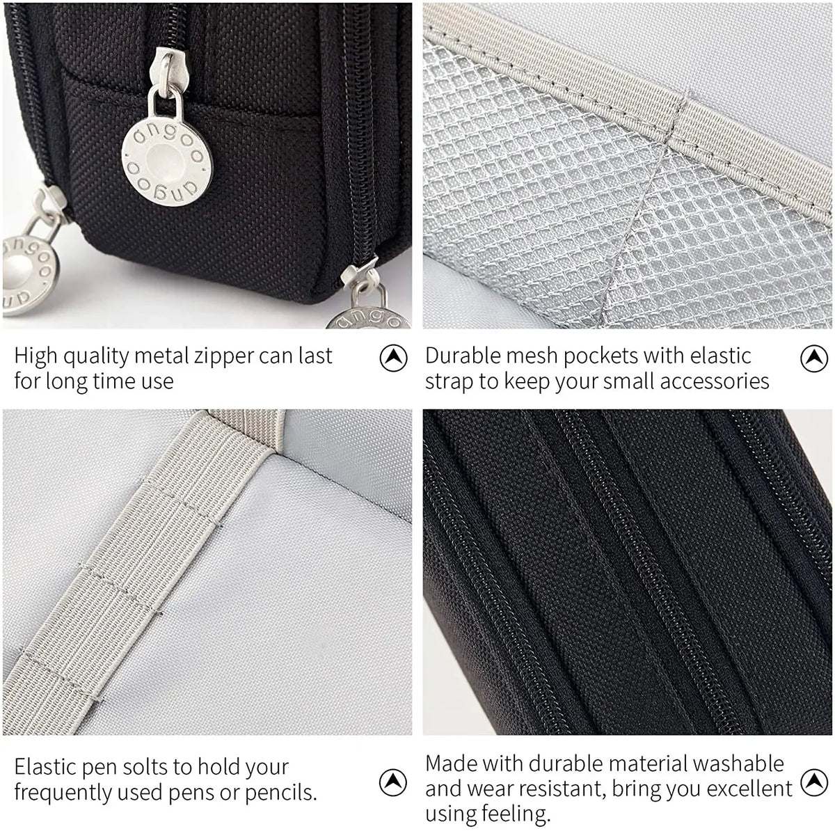 A black pencil pouch with a metal zipper and mesh pockets, showing various features like elastic pen slots.