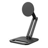 A black foldable magnetic tablet stand designed for adjustable viewing angles.