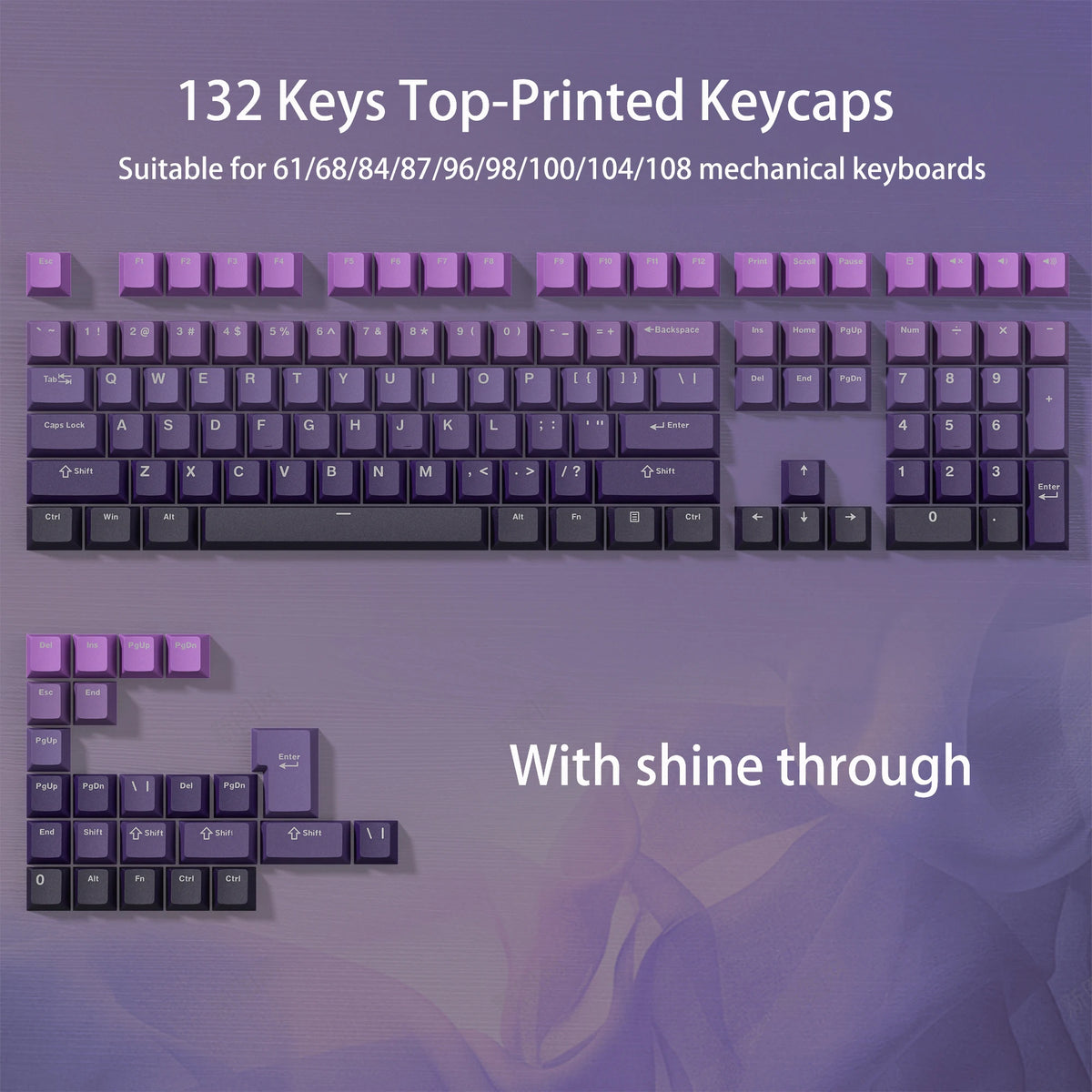 Set aus 132 top-gedruckten Keycaps für mechanische Tastaturen in lila und schwarz mit Shine-Effekt