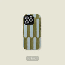 A phone case featuring vertical watercolor stripes in shades of green and blue.