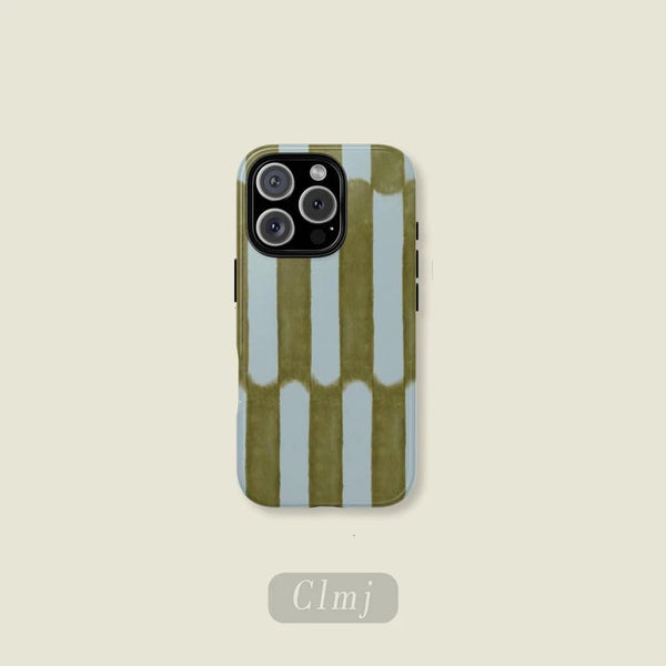 A phone case featuring vertical watercolor stripes in shades of green and blue.