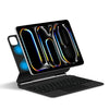 A black magnetic wireless keyboard case with a backlit trackpad for an iPad.
