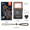 A black universal waterproof phone case for diving, shown with accessories like a lanyard and shell opener.