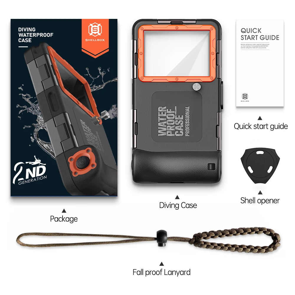 A black universal waterproof phone case for diving, shown with accessories like a lanyard and shell opener.