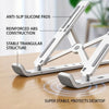 A white adjustable foldable laptop cooling stand featuring anti-slip silicone pads and a stable triangular structure on a woo