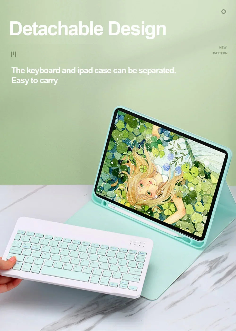 Weiße Tastatur getrennt von blauer iPad-Hülle, zeigt abnehmbares Design.