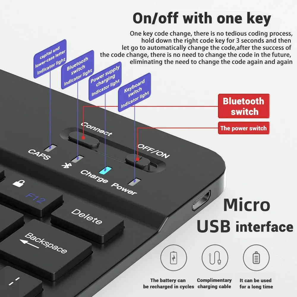 Gros plan d'un clavier et souris Bluetooth noirs universels montrant divers voyants et interrupteurs.