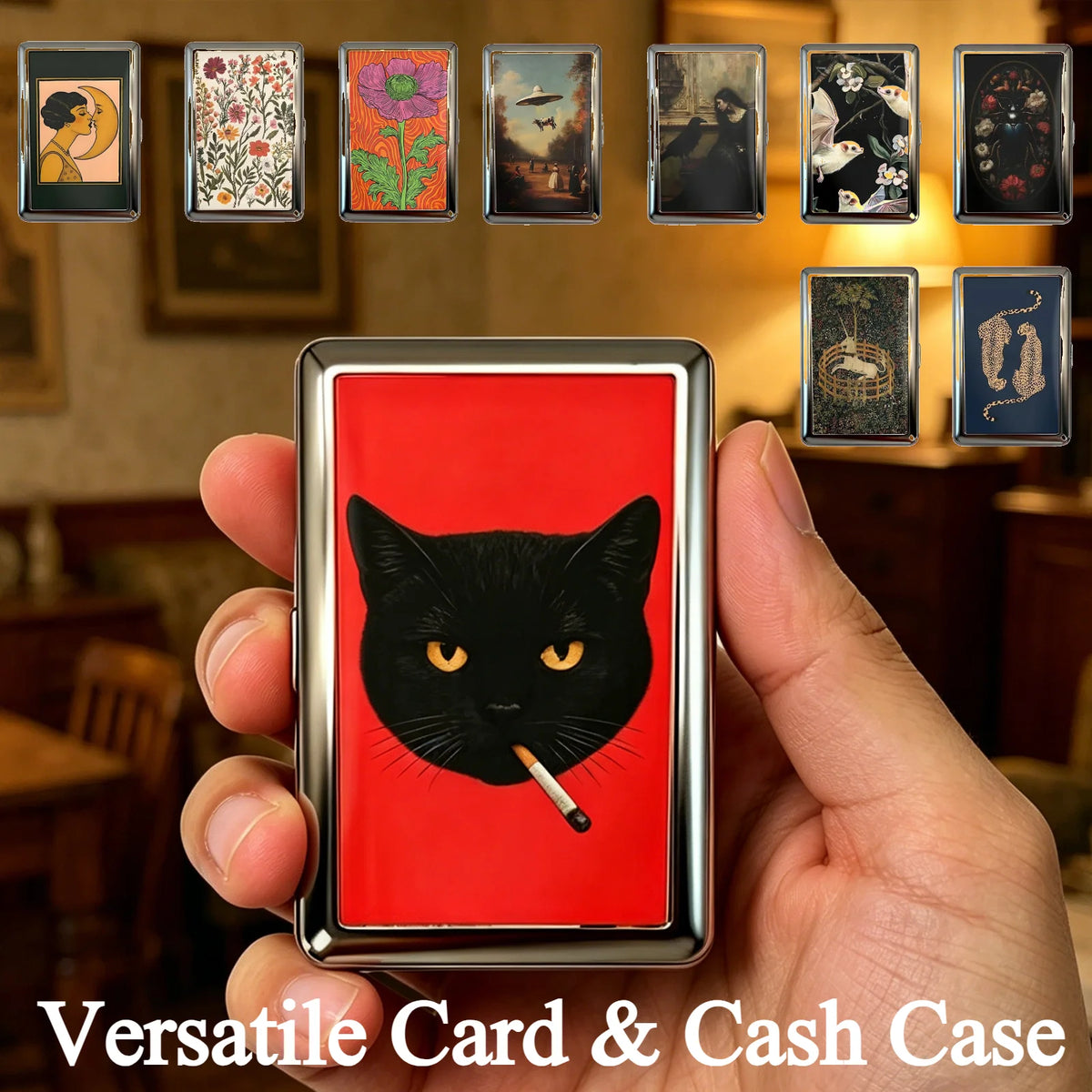 A hand holds a red card and cash case featuring a black cat face with a cigarette, surrounded by various vintage-style cards.