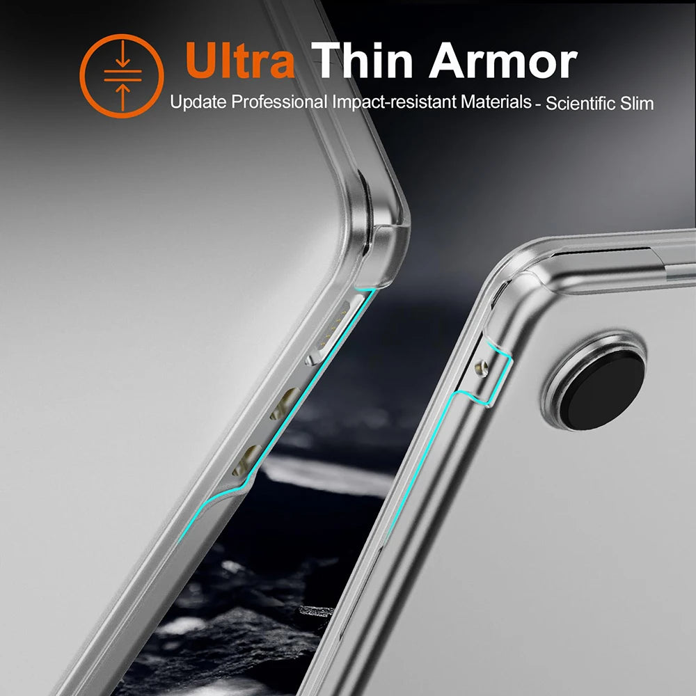 Close-up view of a silver slim protective case for a laptop, highlighting the thin armor design.