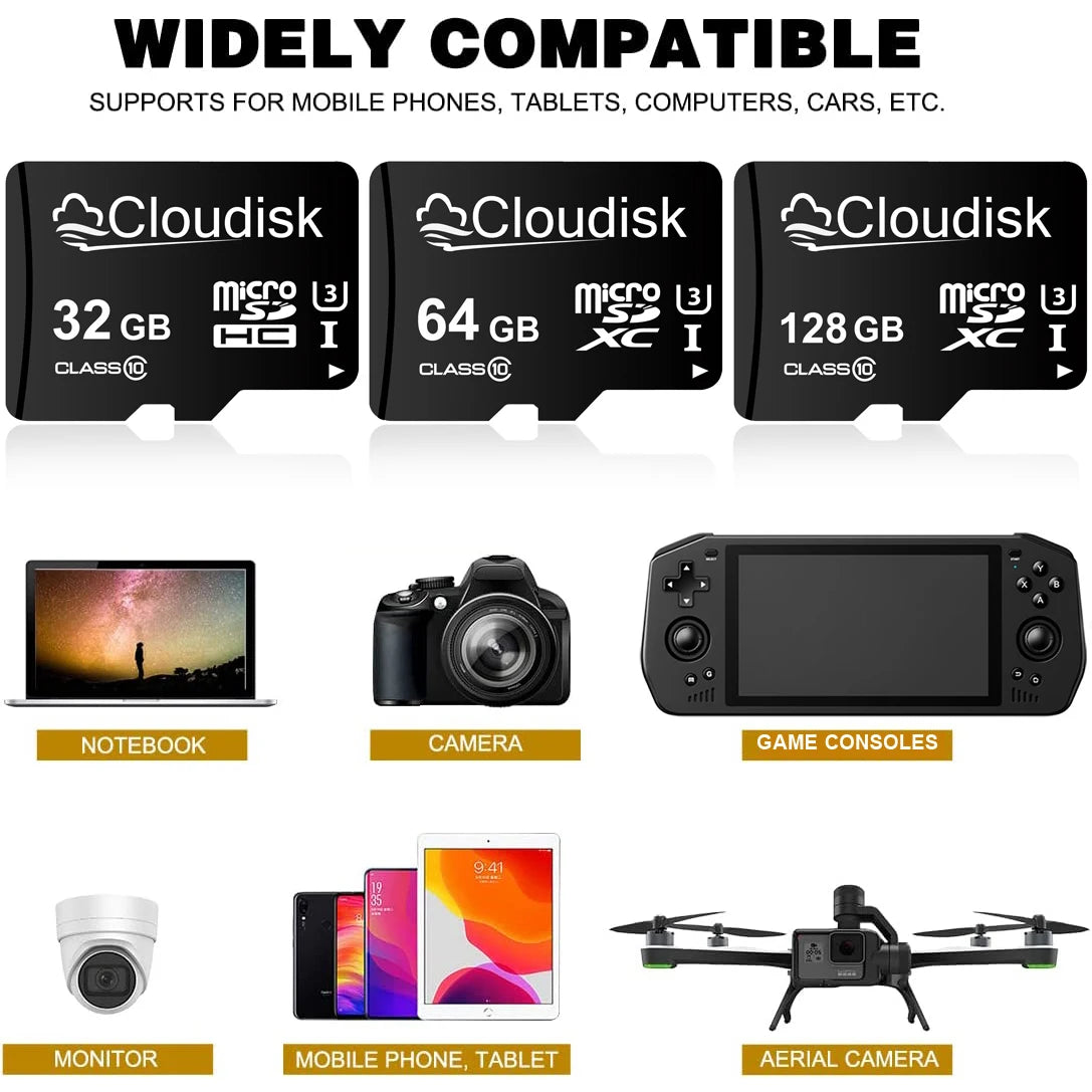 A collection of high-speed U3 microSD memory cards for various devices including notebooks, cameras, game consoles, and aeria
