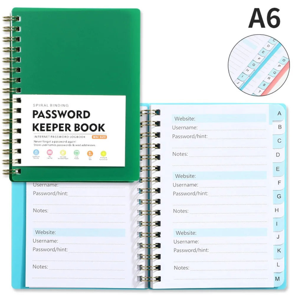 A6 spiral bound password keeper notebook with alphabetical tabs showing blank pages.