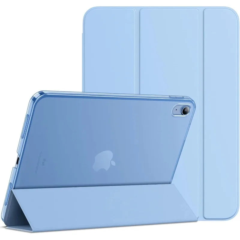 A light blue slim stand case for an iPad, shown with the device resting in its protective holder.