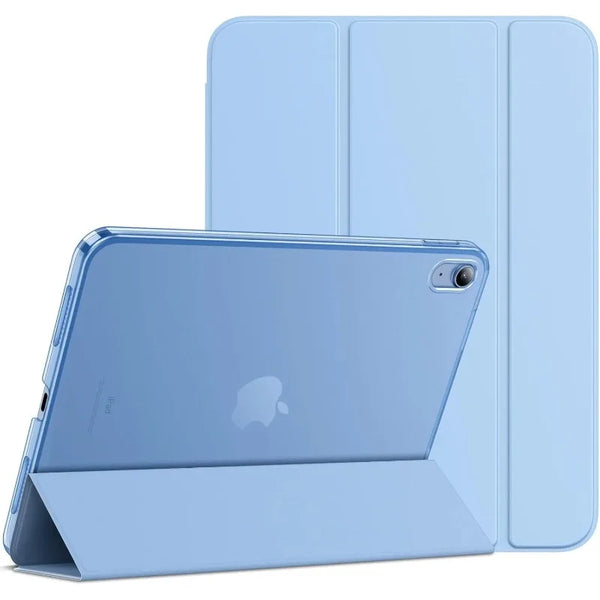 A light blue slim stand case for an iPad, shown with the device resting in its protective holder.