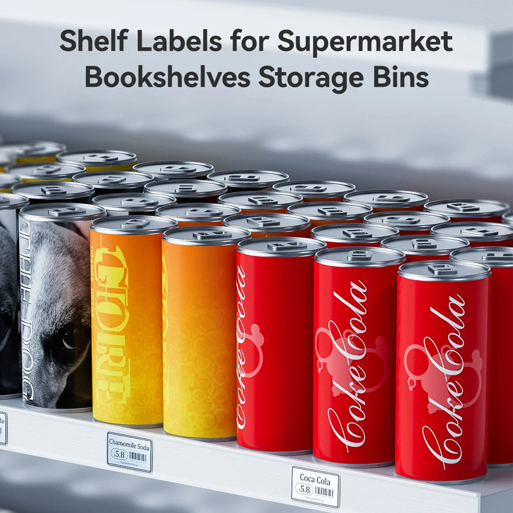 A row of aluminum cans with colorful labels like Coke and Sprite are displayed on a white shelf for supermarket bookshelves.