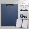 Carpeta de documentos A3/A4 azul con dos clips junto a una carpeta abierta.