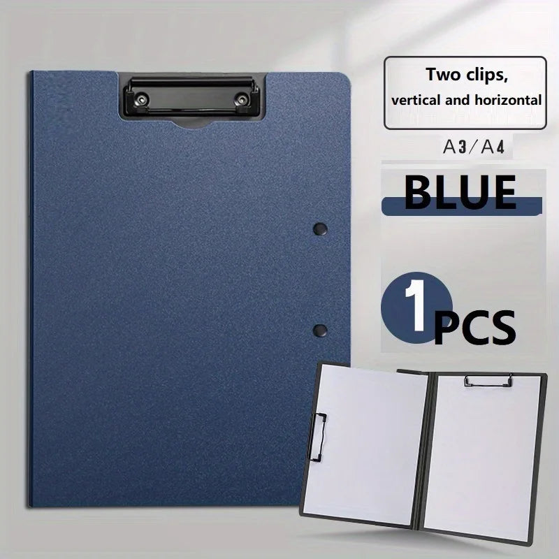Carpeta de documentos A3/A4 azul con dos clips junto a una carpeta abierta.