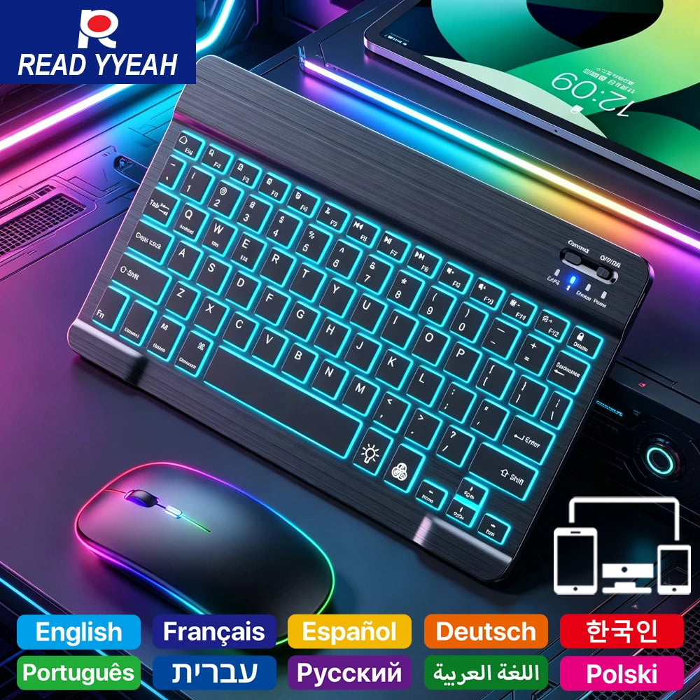 Vista cercana de un combo de teclado y mouse Bluetooth multilingüe con retroiluminación RGB personalizable sobre una superfic