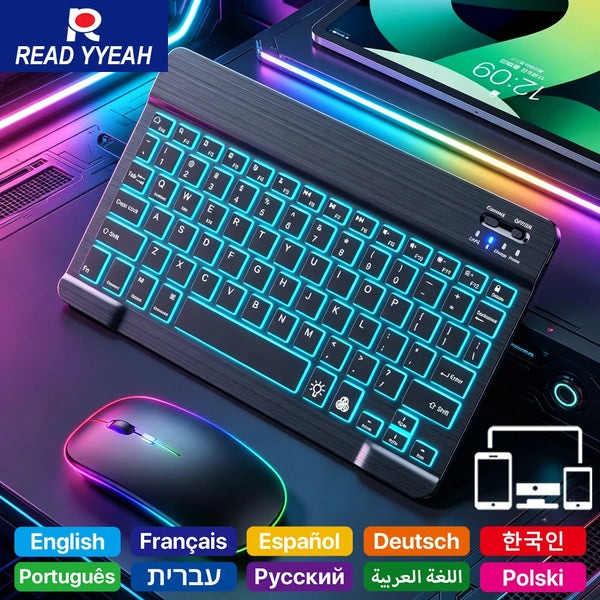 Vista cercana de un combo de teclado y mouse Bluetooth multilingüe con retroiluminación RGB personalizable sobre una superfic