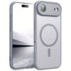 A silver magnetic wireless charging lens protector case for an iPhone shown in a vertical orientation.