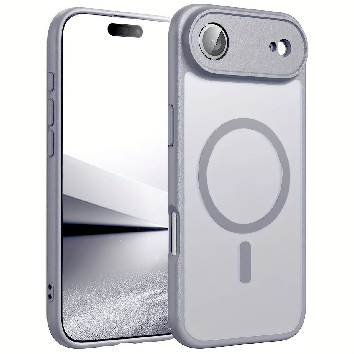 A silver magnetic wireless charging lens protector case for an iPhone shown in a vertical orientation.