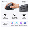 A black ergonomic vertical wireless mouse shown in various features and usage contexts.