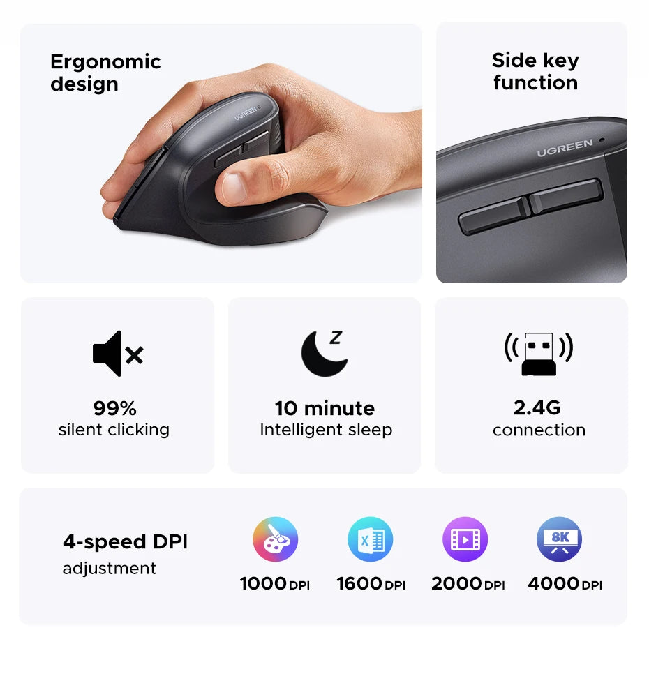 A black ergonomic vertical wireless mouse shown in various features and usage contexts.