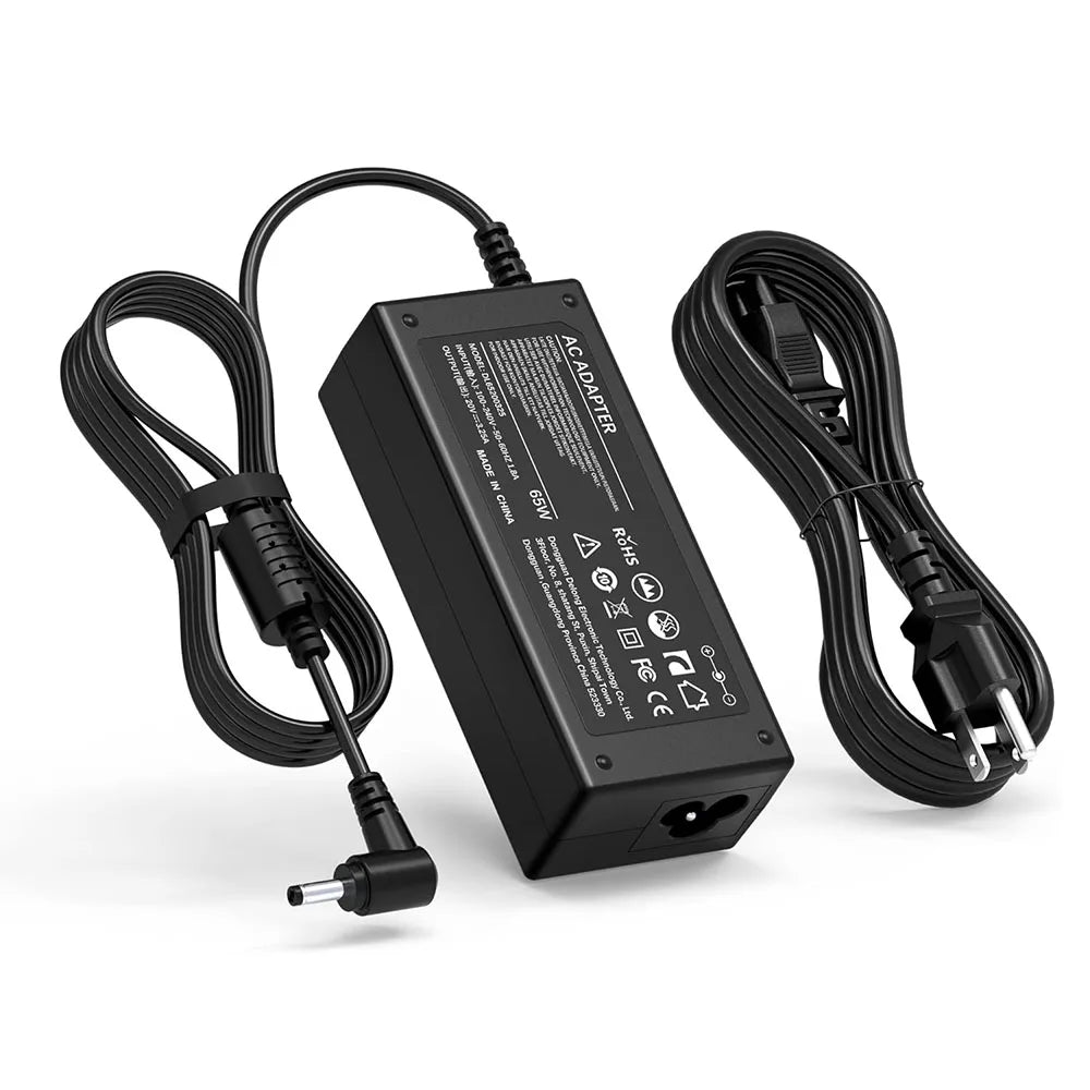 Black AC adapter cable and power brick for a 65W universal laptop charger.