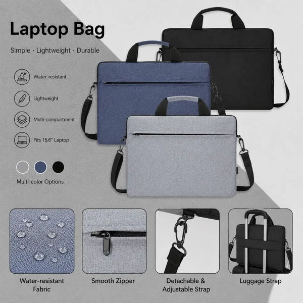 A set of laptop bags in blue and gray fabric showing various features like water resistance, lightweight design, and detachab