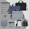 A set of laptop bags in blue and gray fabric showing various features like water resistance, lightweight design, and detachab