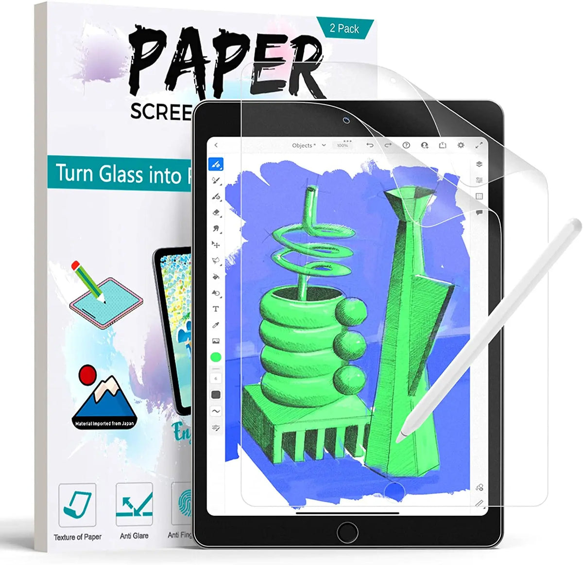 A package of paper screen protectors and a tablet displaying a green glass effect design.