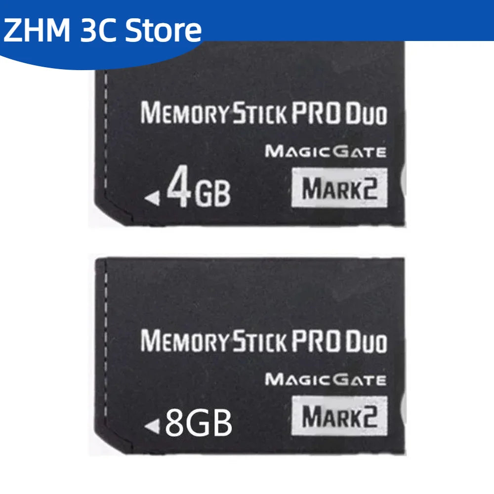Dos tarjetas MemoryStick Pro Duo negras, de 4GB y 8GB, para consola PSP.