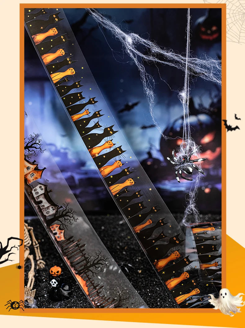 Vintage gothic Halloween masking tape featuring bats, skulls, and spooky designs for crafting.