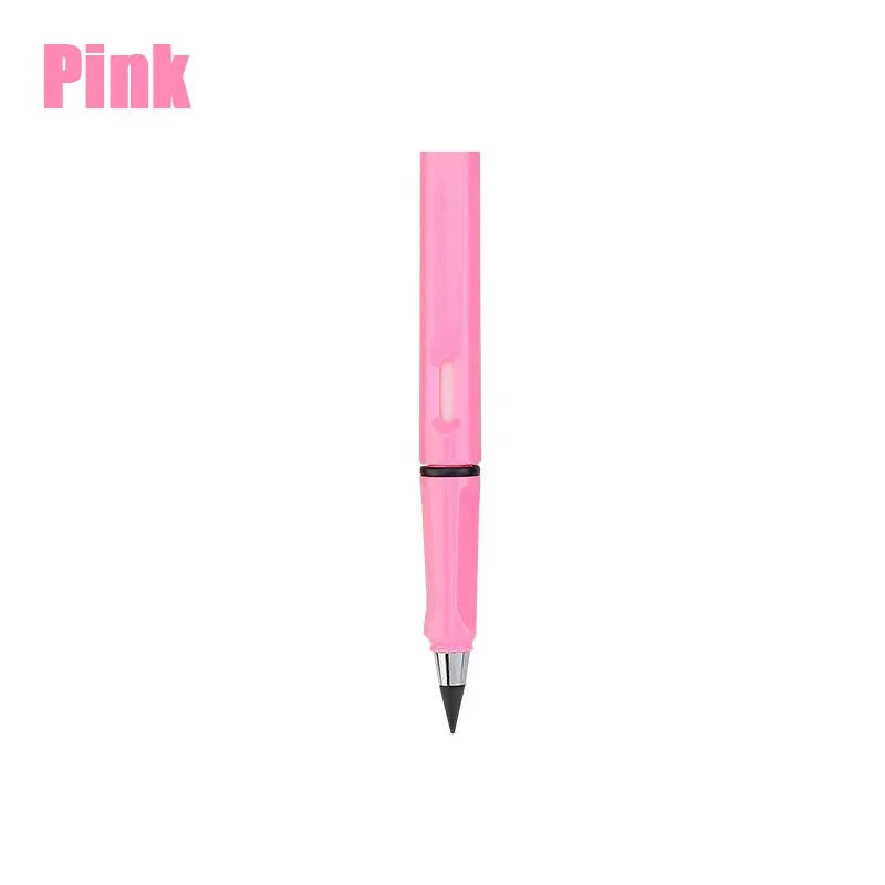 Un crayon à écrire illimité rose avec une pointe argentée.
