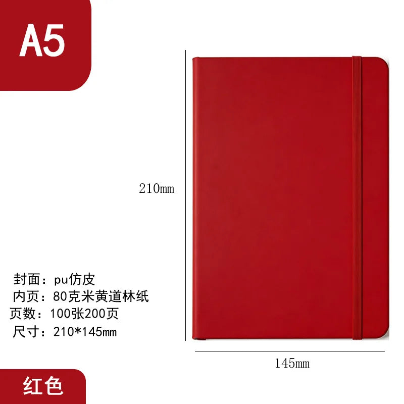 A red A5 hardcover lined notebook with a spiral binding and a protective PU cover.