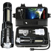 A tactical LED flashlight with a zoom feature shown in its packaging, including the device and accessories.