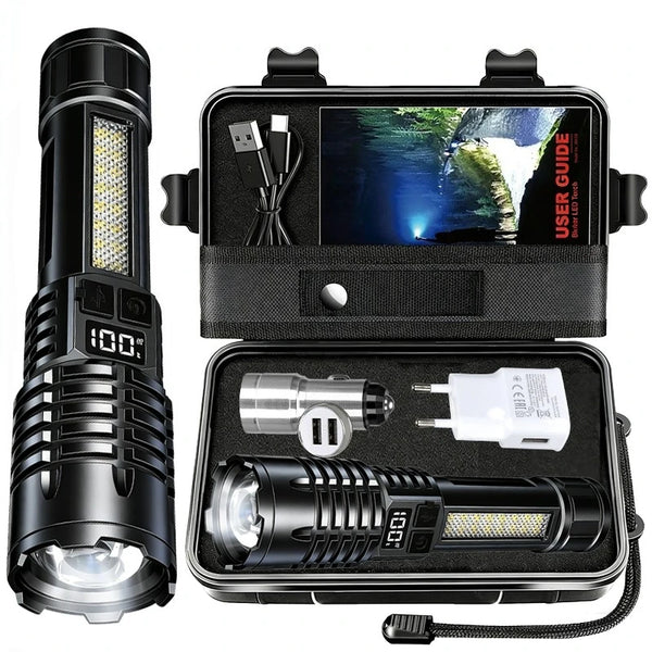 A tactical LED flashlight with a zoom feature shown in its packaging, including the device and accessories.