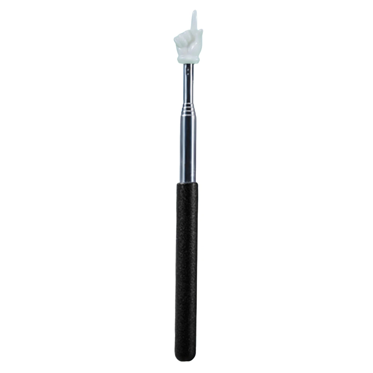A silver retractable teacher pointer stick with a white tip and black grip.