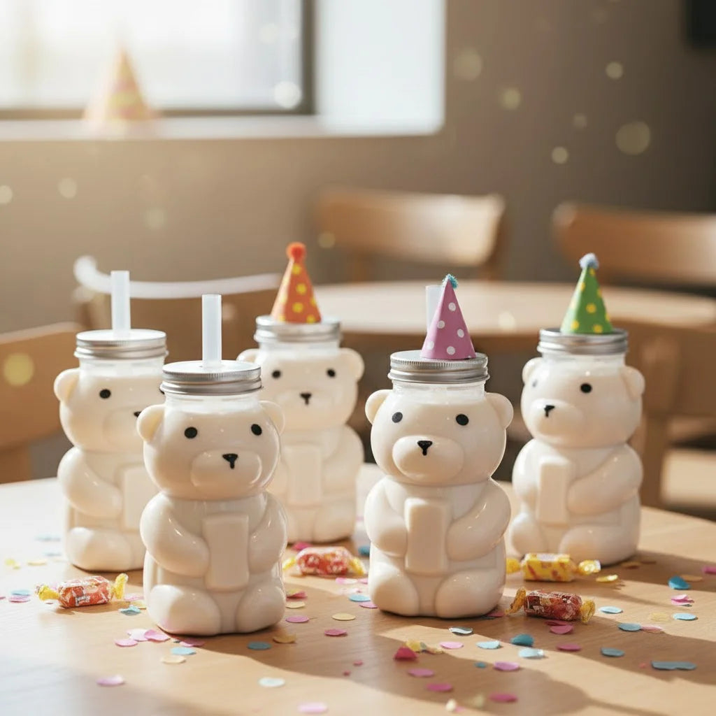 A row of white bear-shaped reusable water bottles with pink and green conical lids sits on a wooden table.