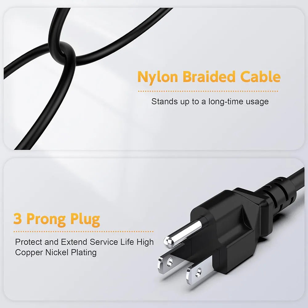 Black nylon braided cable with a 3 prong plug connector for a universal laptop charger