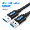 A black USB 3.0 male to male extension cable with a silver connector and a blue insulation sheath.