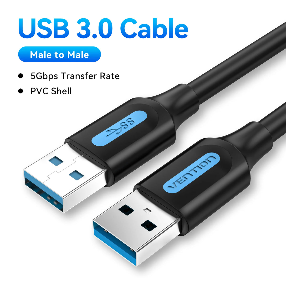A black USB 3.0 male to male extension cable with a silver connector and a blue insulation sheath.