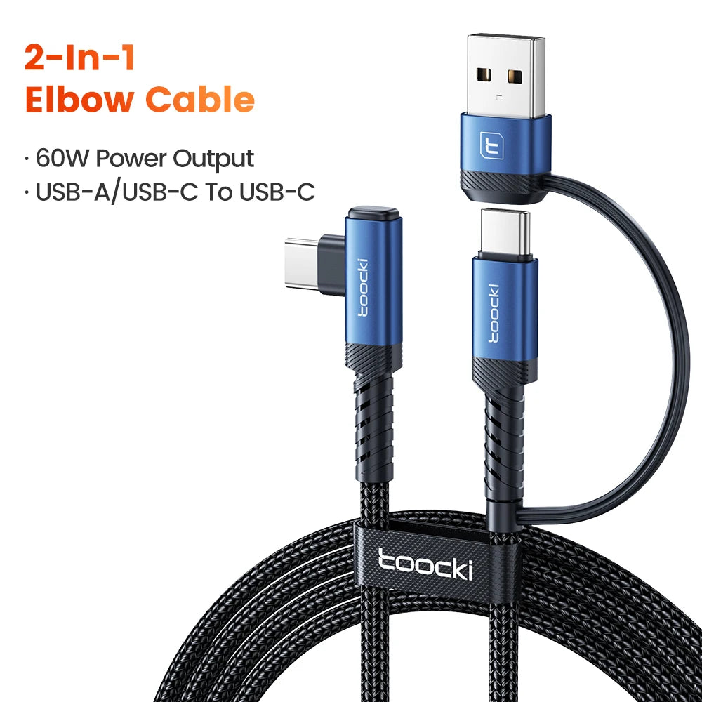 A 2-in-1 elbow cable featuring a USB-A/USB-C to USB-C connector and 60W power output.