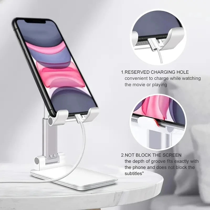A universal adjustable desk mount holding a smartphone, designed to allow charging while watching media.