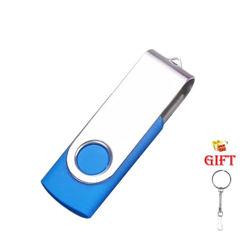 A silver metal USB 2.0 flash drive with a blue protective casing and a keyring attached.